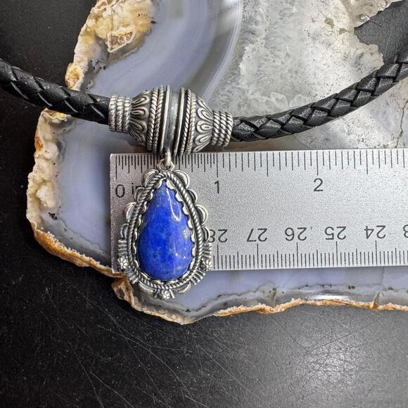 Carolyn Pollack Black Braided Leather Necklace with Teardrop Denim Lapis Pendant - Picture 9 of 10